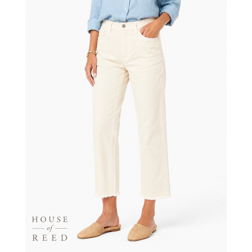 Loft‎ Womens Off White Corduroy Straight Leg Pants Raw Hem Size 8 29 High Rise